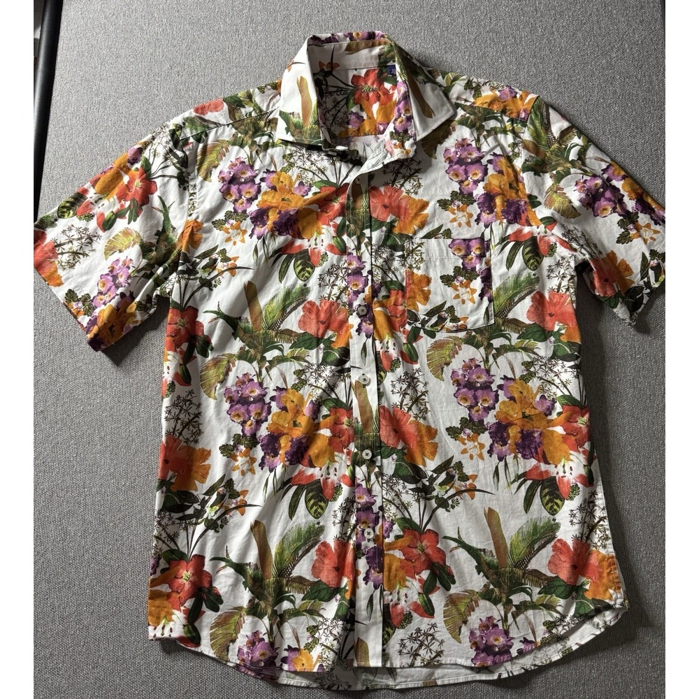 Alan Flusser Men's Large Floral Short Sleeve Button Up Shirt Tropical, Colorful - Picture 2 of 11